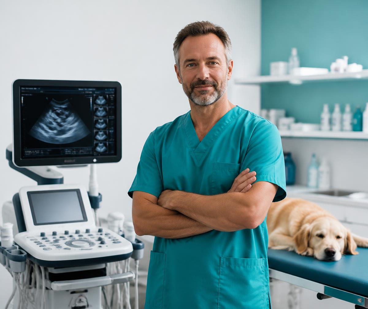 Especialista em diagnóstico por imagem veterinário ao lado de equipamento de ultrassom
