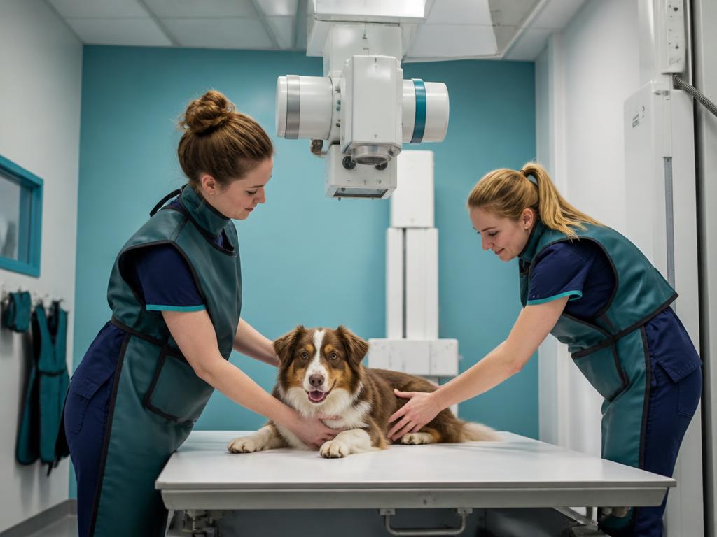 Equipe veterinária posicionando um cão para exame de raio-X
