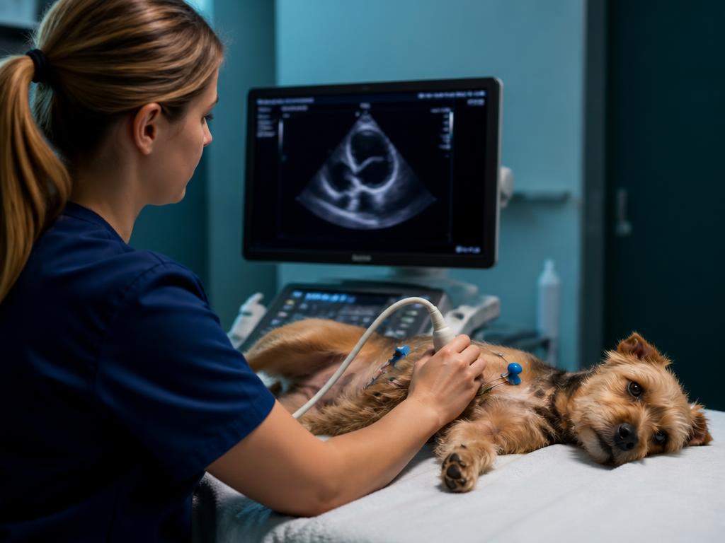Veterinária realizando ecocardiograma em cão com monitor de imagem