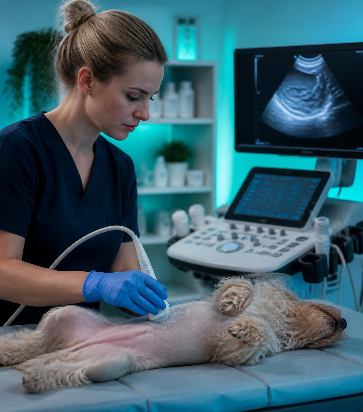 Médica veterinária realizando ultrassonografia em um cão calmo em sala de exames